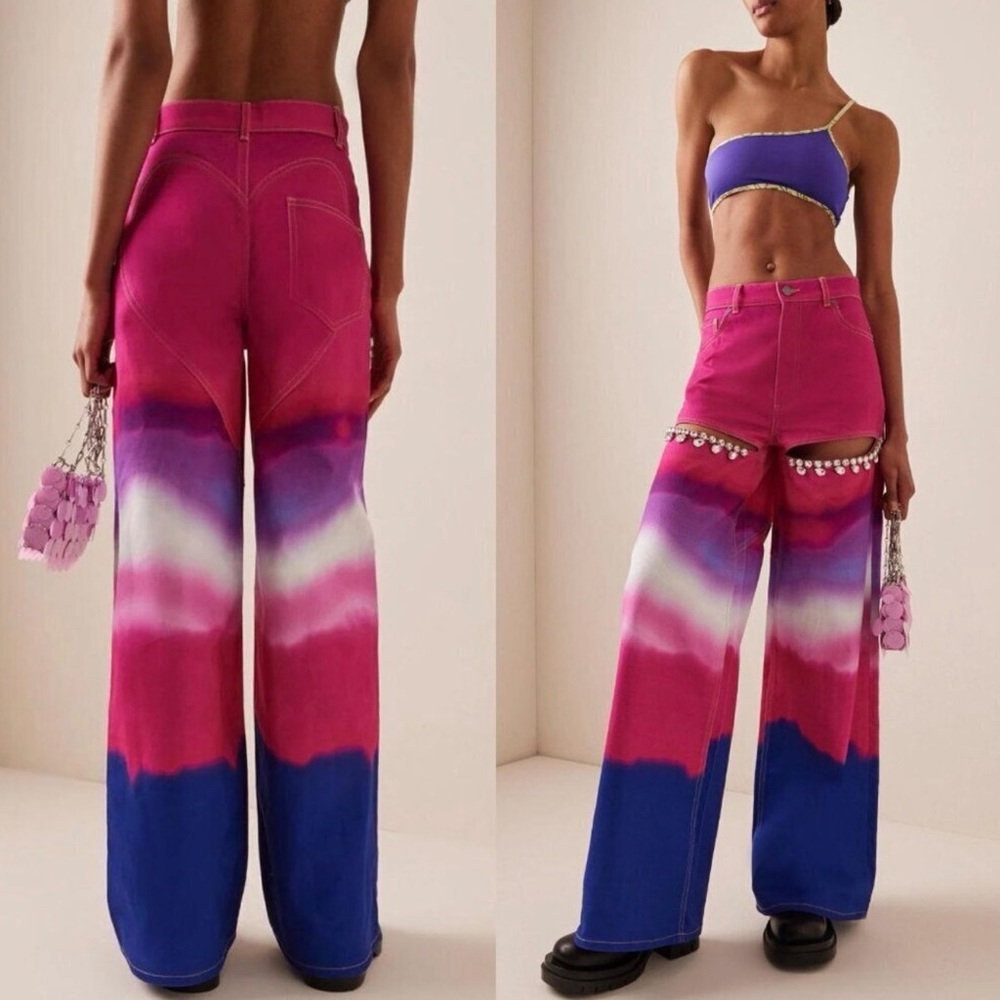 AREA Crystal Pink Jean Purple Embellished Ombre Slit High Rise Wide Leg‎ 26 NWT - Picture 3 of 3
